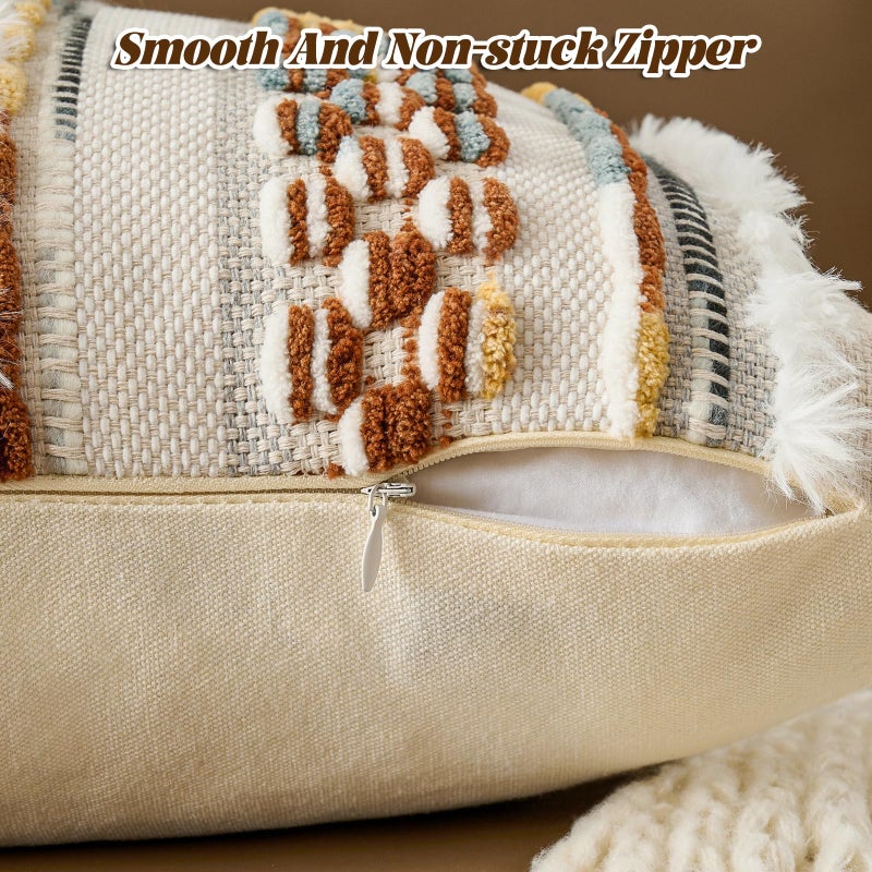 AmHoo Chenille Striped Tufted Textured Boho Throw Pillow Covers Aesthetic with Tassels Woven Decorative Pillow Case for Couch Bed Sofa Bedroom Modern Funky 18 x 18-Inch Brown White - Image 3