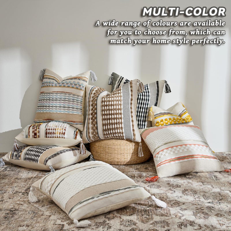 AmHoo Chenille Striped Tufted Textured Boho Throw Pillow Covers Aesthetic with Tassels Woven Decorative Pillow Case for Couch Bed Sofa Bedroom Modern Funky 18 x 18-Inch Brown White - Image 4