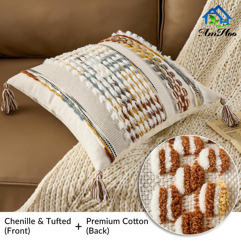 AmHoo Chenille Striped Tufted Textured Boho Throw Pillow Covers Aesthetic with Tassels Woven Decorative Pillow Case for Couch Bed Sofa Bedroom Modern Funky 18 x 18-Inch Brown White - Image 2