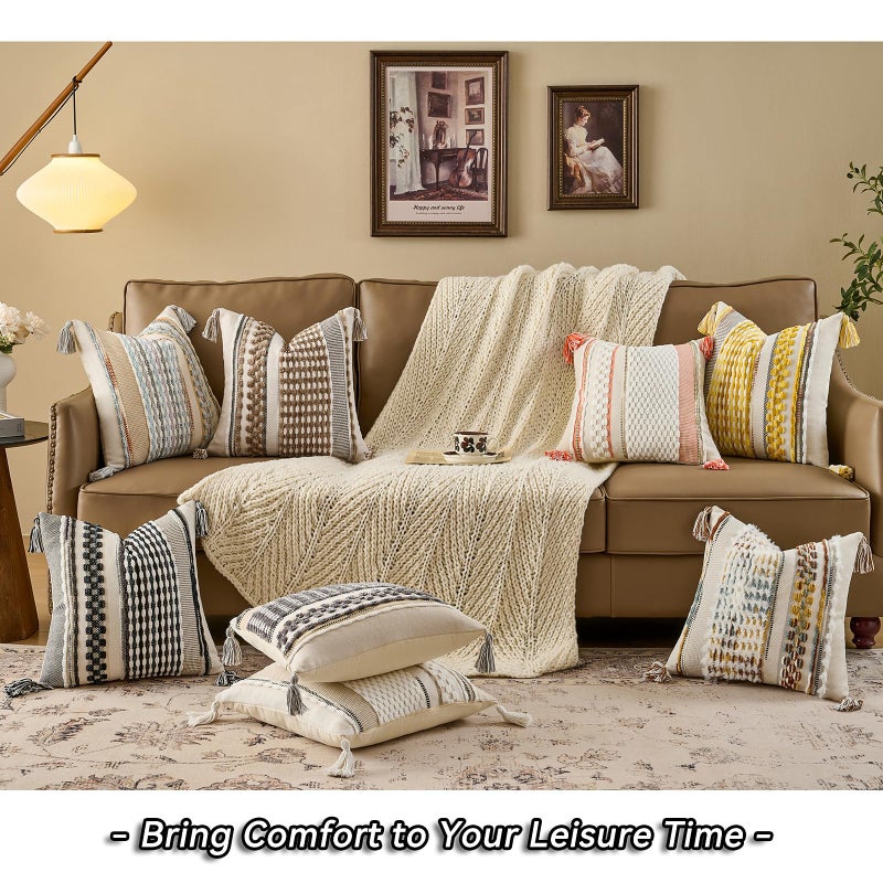 AmHoo Chenille Striped Tufted Textured Boho Throw Pillow Covers Aesthetic with Tassels Woven Decorative Pillow Case for Couch Bed Sofa Bedroom Modern Funky 18 x 18-Inch Brown White - Image 5