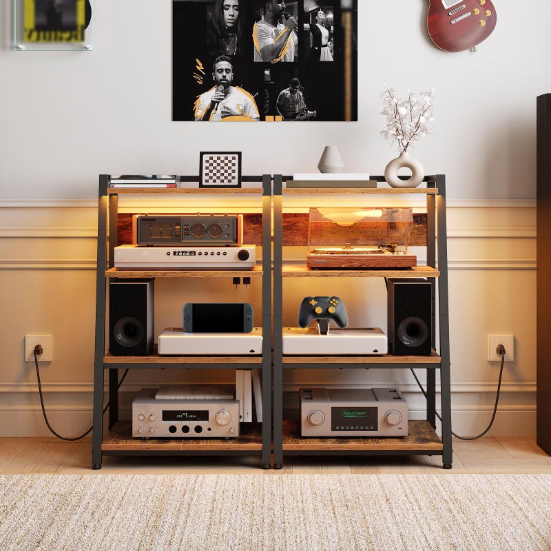 HOOBRO 4-Tier AV Media Stand with Charging Station and LED Light, Wooden Stereo Cabinet, Game Console Stand, Media Audio Rack, Record Player, Entertainment Center, Rustic Brown and Black BF106UDCJ01 - Image 3