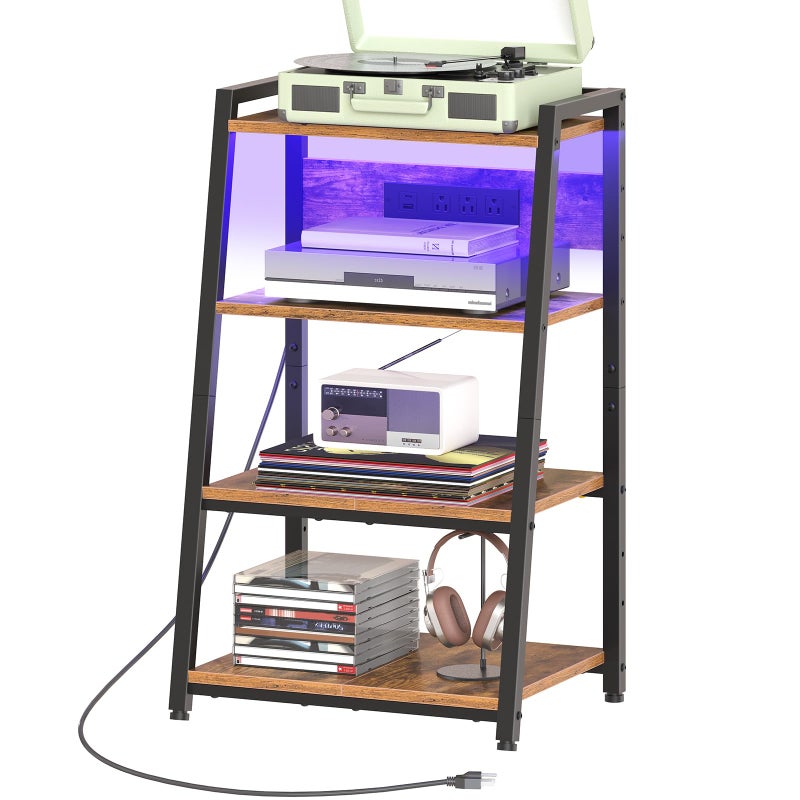 HOOBRO 4-Tier AV Media Stand with Charging Station and LED Light, Wooden Stereo Cabinet, Game Console Stand, Media Audio Rack, Record Player, Entertainment Center, Rustic Brown and Black BF106UDCJ01 - Image 1