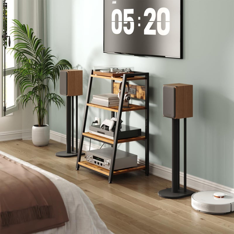 HOOBRO 4-Tier AV Media Stand with Charging Station and LED Light, Wooden Stereo Cabinet, Game Console Stand, Media Audio Rack, Record Player, Entertainment Center, Rustic Brown and Black BF106UDCJ01 - Image 5