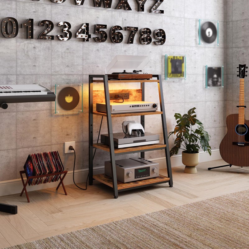 HOOBRO 4-Tier AV Media Stand with Charging Station and LED Light, Wooden Stereo Cabinet, Game Console Stand, Media Audio Rack, Record Player, Entertainment Center, Rustic Brown and Black BF106UDCJ01 - Image 2