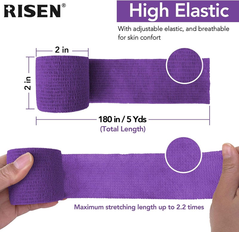 Risen شريط ضماد لاصق RISEN 2 × 5 يارد 6 لفات لاصق ذاتي الالتصاق شريط طبي مرن وقابل للتنفس مثالي للإسعافات الأولية للتمارين الرياضية - Image 3