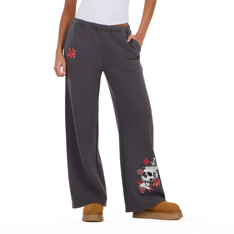 Forever 21 Womenâ€™s Wide Leg Jogger with Hidden Drawstring and Screens/Rhinestones â€“ Fleece Sweatpants for Trendy Streetwear Style, Grey, Medium - Image 1