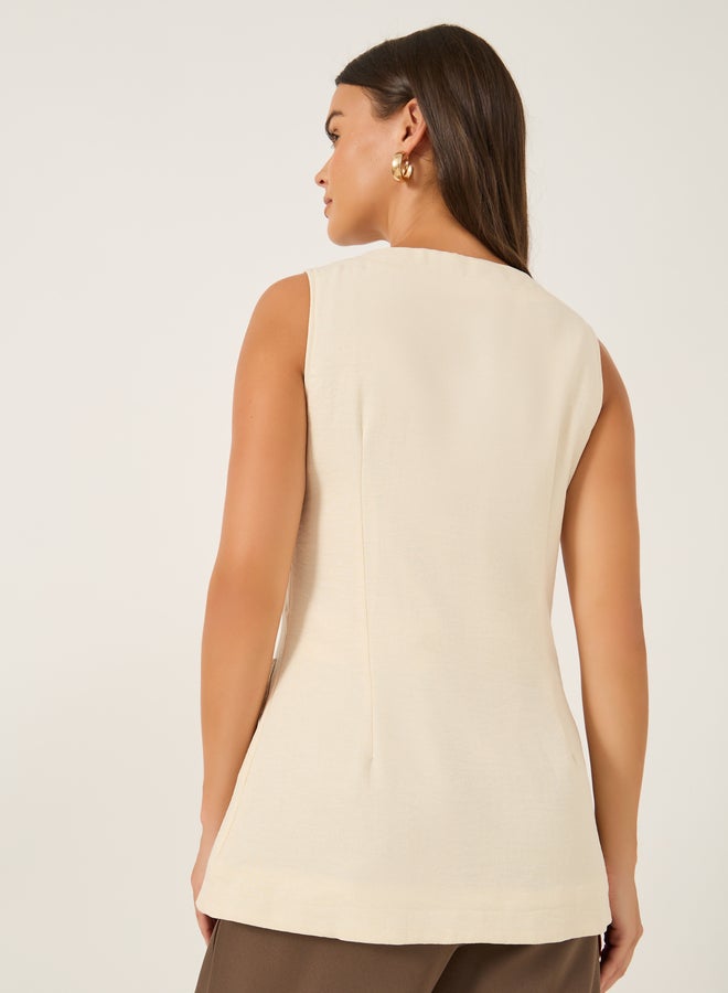 Styli Plain Linen Look Longline Waistcoat with Curved Hem  - Image 4
