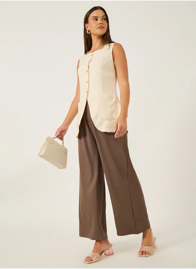 ستايلي Plain Linen Look Longline Waistcoat with Curved Hem