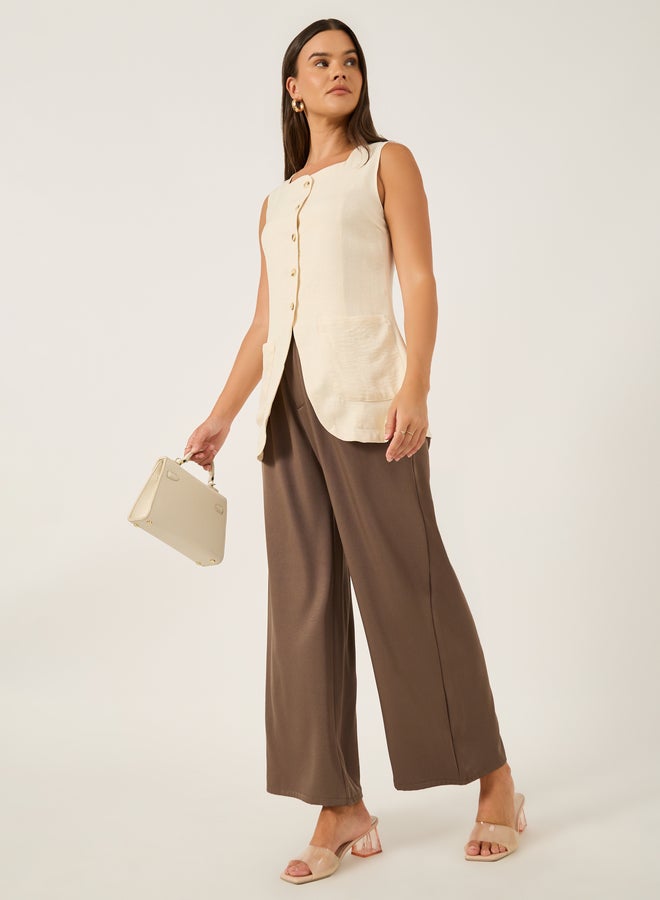 Styli Plain Linen Look Longline Waistcoat with Curved Hem  - Image 2
