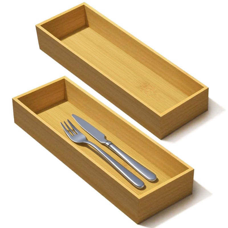 guiogc Bamboo Drawer Silverware Organizer, Utensil Organizer, Bamboo Storage Box Wood Silverware Tray for Drawer Set of 2 - Image 1