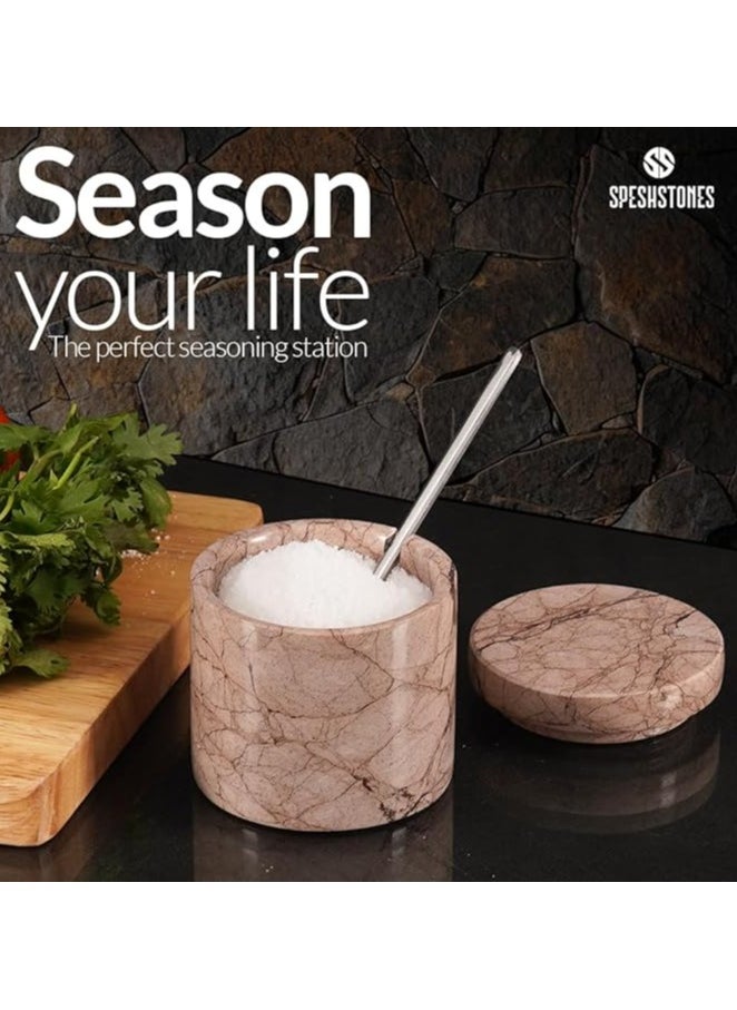 RADICALn Marble Salt Cellar With Spoon 3'' Inches Marinara Handmade Salt Holder With Lid Kitchen Storage Accessories - Salt Container & Sugar Bowl, Spice Seasoning Containers for Kitchen Countertop  - Image 2