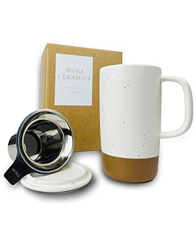 CERAMICS LARGE TEA MUG WITH LOOSE LEAF INFUSER AND CERAMIC LID 18 OZ PORTABLE MICROWAVE AND DISHWASHER SAFE TALL COFFEE CUP RUSTIC MATTE CERAMIC GLAZE MODERN HERBAL TEA STRAINER COTTON
