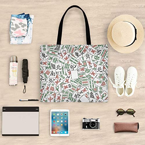 Visesunny Women's Large Canvas Tote Shoulder Bag - Chinese Mahjong Top Storage Handle Shopping Bag - Casual Reusable Tote for Beach, Travel, Groceries, Books - Image 5