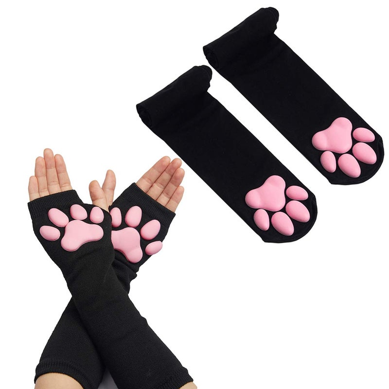 SUPTEC Cat Paw Thigh High Socks Golves, Cute Soft 3D Toe Beans Socks Mittens Kitten Claw Pad Stockings for Girls Women Cat Cosplay Party Costume - Image 1