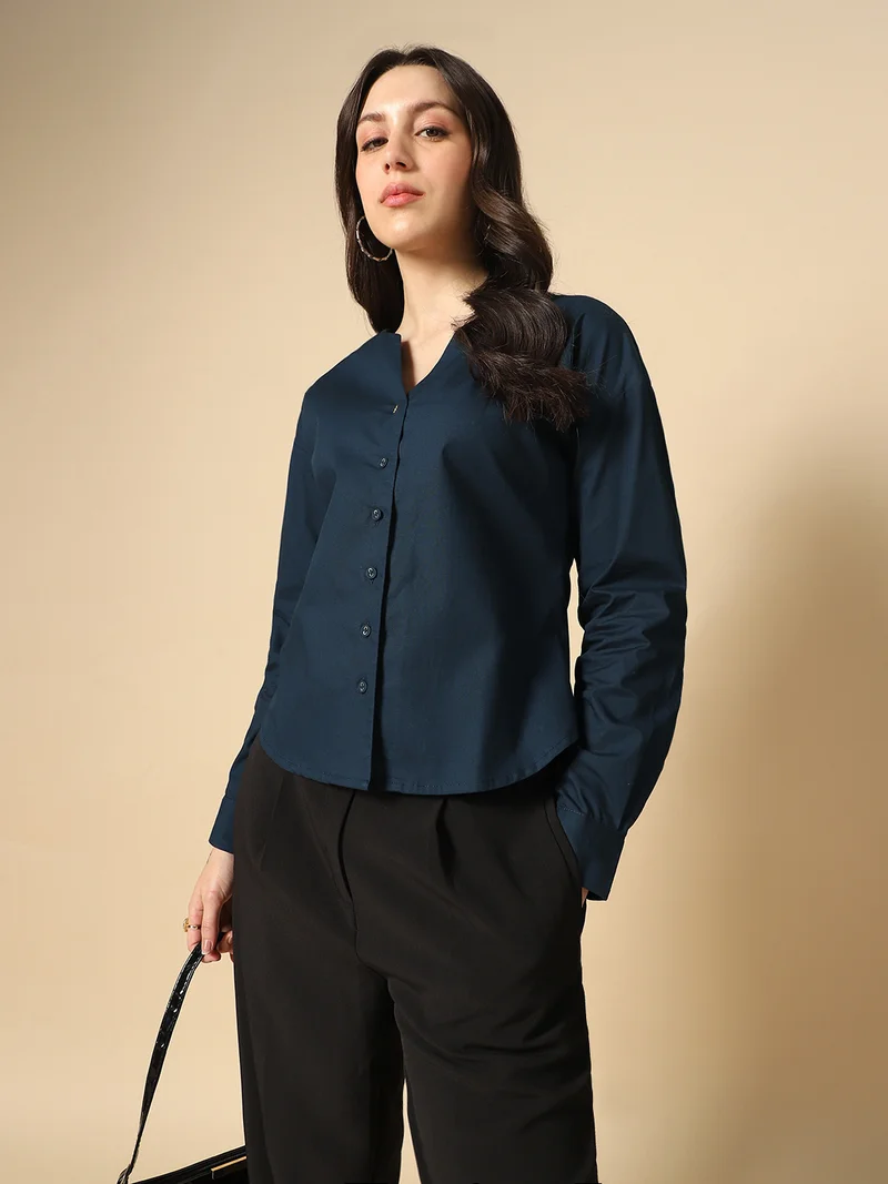 Globus Women Navy Blue V-Neck Cuffed Sleeves Solid Curved Hem Workwear Shirt