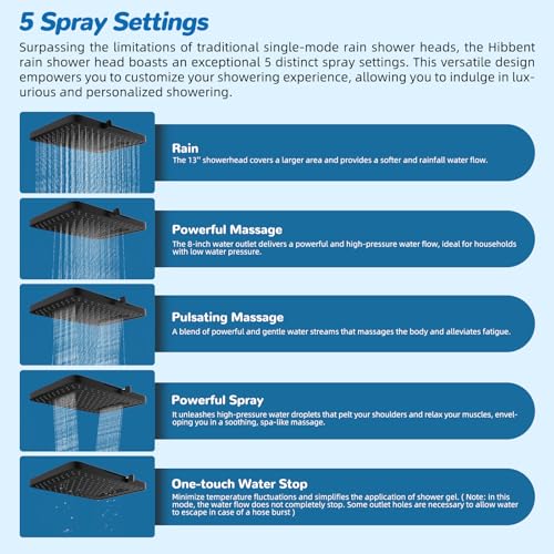 Hibbent cUPC Certified 13 Shower Head Combo High Pressure 5 Spray Rainfall Showerhead 10 Spray Mode Handheld All Metal Easy Reach 4way Diverter Arm with Pause Mode 71 Hose and Holder Black - Image 3