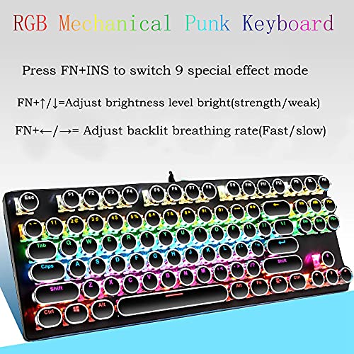 Ltvystore Mechanical Gaming Keyboard,87 Key Retro Punk Typewriter-Style,Blue Switch Rainbow Backlit Keyboard,Anti-Ghosting, USB Wired, for PC Laptop Desktop Computer, for Game and Office (Black) - Image 2