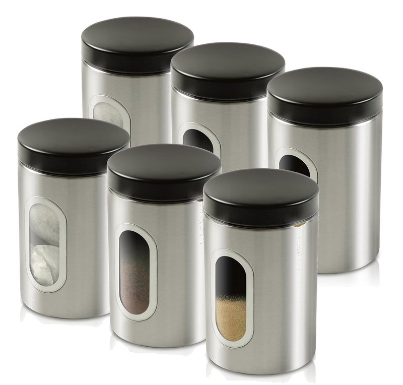 Mevanta Modern 700ML Steel Cover Window Clear Glass Jars Set Stainless Steel Containers with Black Lids for Storage Coffee,Tea,Candy,Flour,Spices,Home & Kitchen Decoration (VM-01, SET OF 6) - Image 1