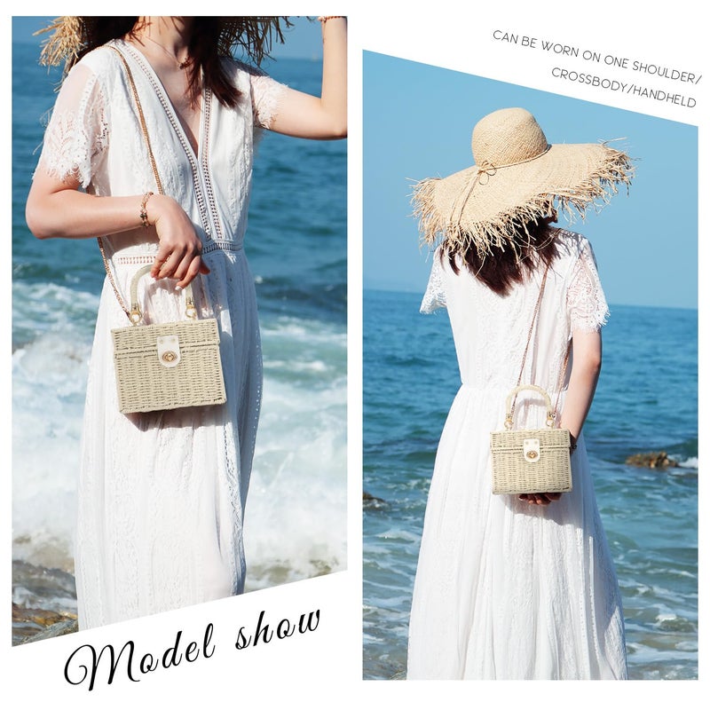 KUANG! Handwoven Rattan Bag for Women Woven Straw Square Crossbody Bag Vintage Basket Purse Beach Tote Bag - Image 2