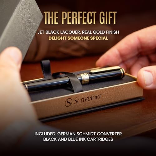Scriveiner Luxury Fountain Pen - Stunning Black Lacquer Pen, Real Gold Finish, Schmidt Gilded Nib (Extra Fine), Converter, Best Pen Gift Set for Men & Women, Professional, Executive, Office, Nice Pens - Image 3