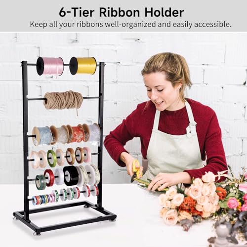 BATTIPAW 6-Tier Ribbon Holder, Large Capacity Ribbon Storage Rack, Height Adjustable Metal Spool Organizer, Countertop Ribbon Display Shelf Wrapping Paper Holder for Flower Store, Craft Room, Cake Shop - Image 2