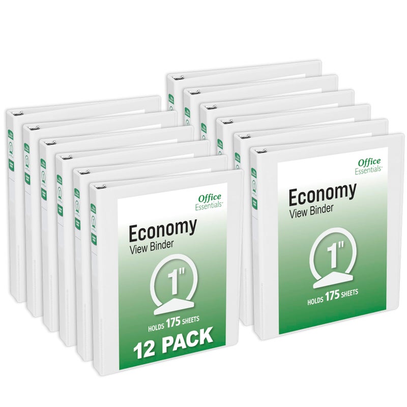 Office Essentials Economy View 3 Ring Binders, 1" Round Rings, 1.4" Spine, 175-Sheet Capacity, White Binders (12-Pack of 03424) - Image 1
