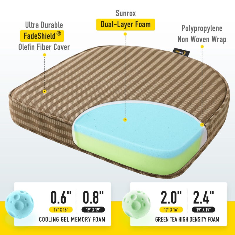 SUNROX Gel Memory Foam Chair Cushions, FadeShield Water-, Stain-Resistant Durable Reversible Seat Cushion Pads with Ties for Indoor/Outdoor Kitchen Dining Office 17"x16" Set of 6, Cocoa Stripe - Image 2