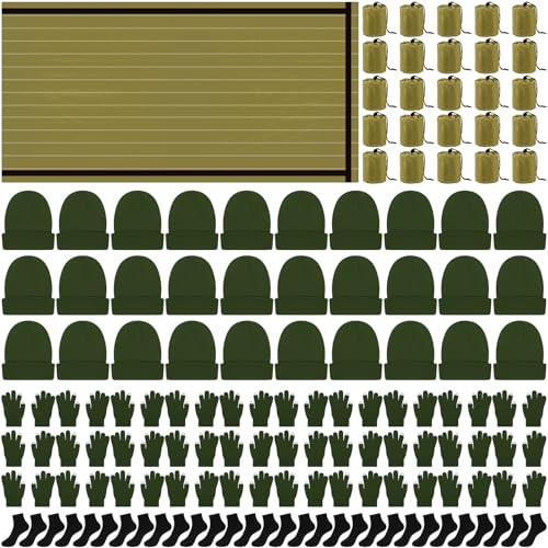 Chicingyou 120 Pcs Homeless Care Package Supplies Bulk Winter Emergency Thermal Blankets Warmer Beanie Socks Touchscreen Gloves for Men Women Cold Weather Outdoor Survival Kits (Green,Black) - Image 1