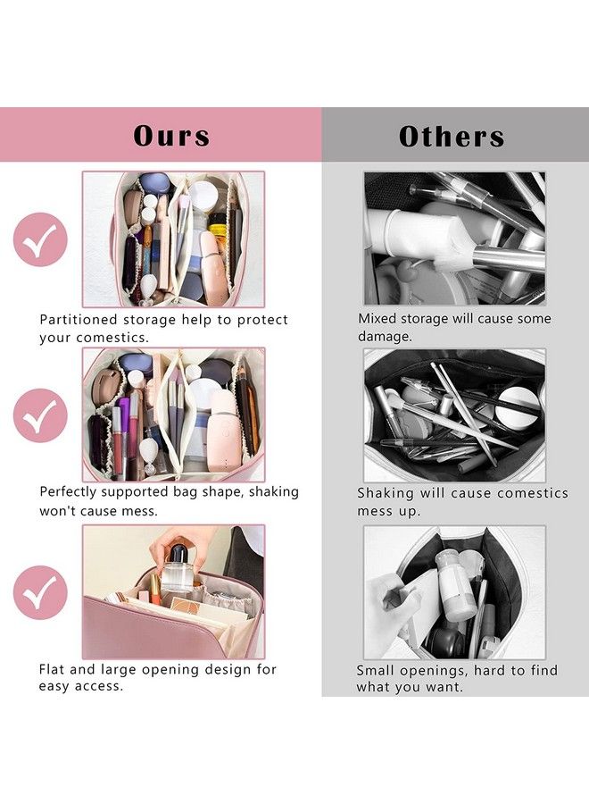 VEHTRI Large Capacity Travel Cosmetic Bag Portable Makeup Bag Opens Flat For Easy Access ; Waterproof Pu Leather ; Multifunctional Storage Makeup Bag For Woman (24 X 12.5 X 12.5 Cm Pink) - Image 3