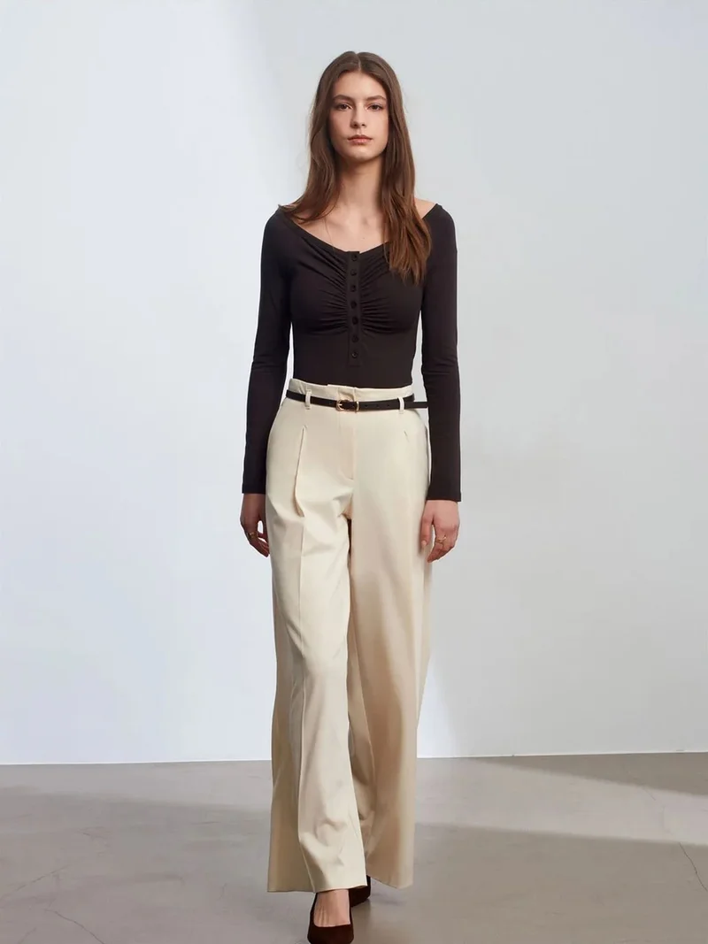 ديلفين Dilvin Women's Belted Wide-leg Crepe Trousers