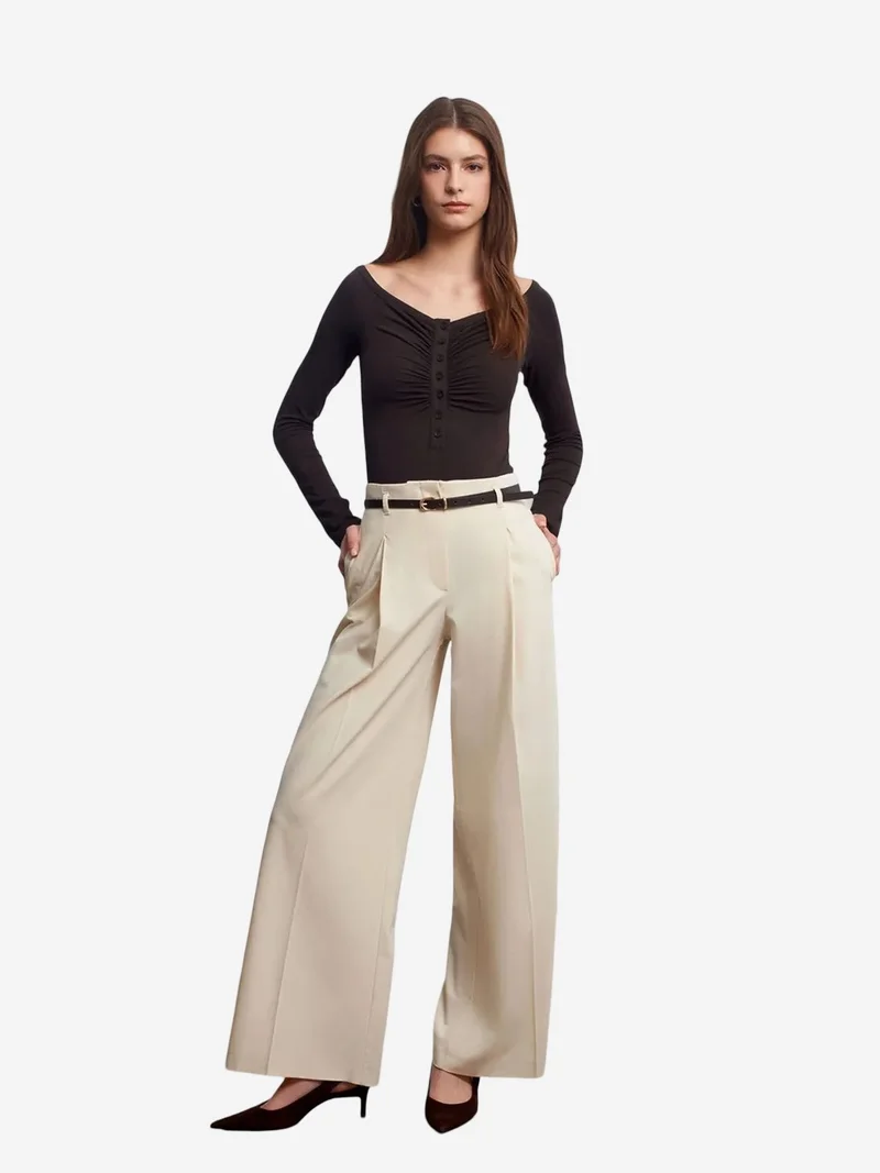 ديلفين DILVIN Women's Belted Wide-leg Crepe Trousers