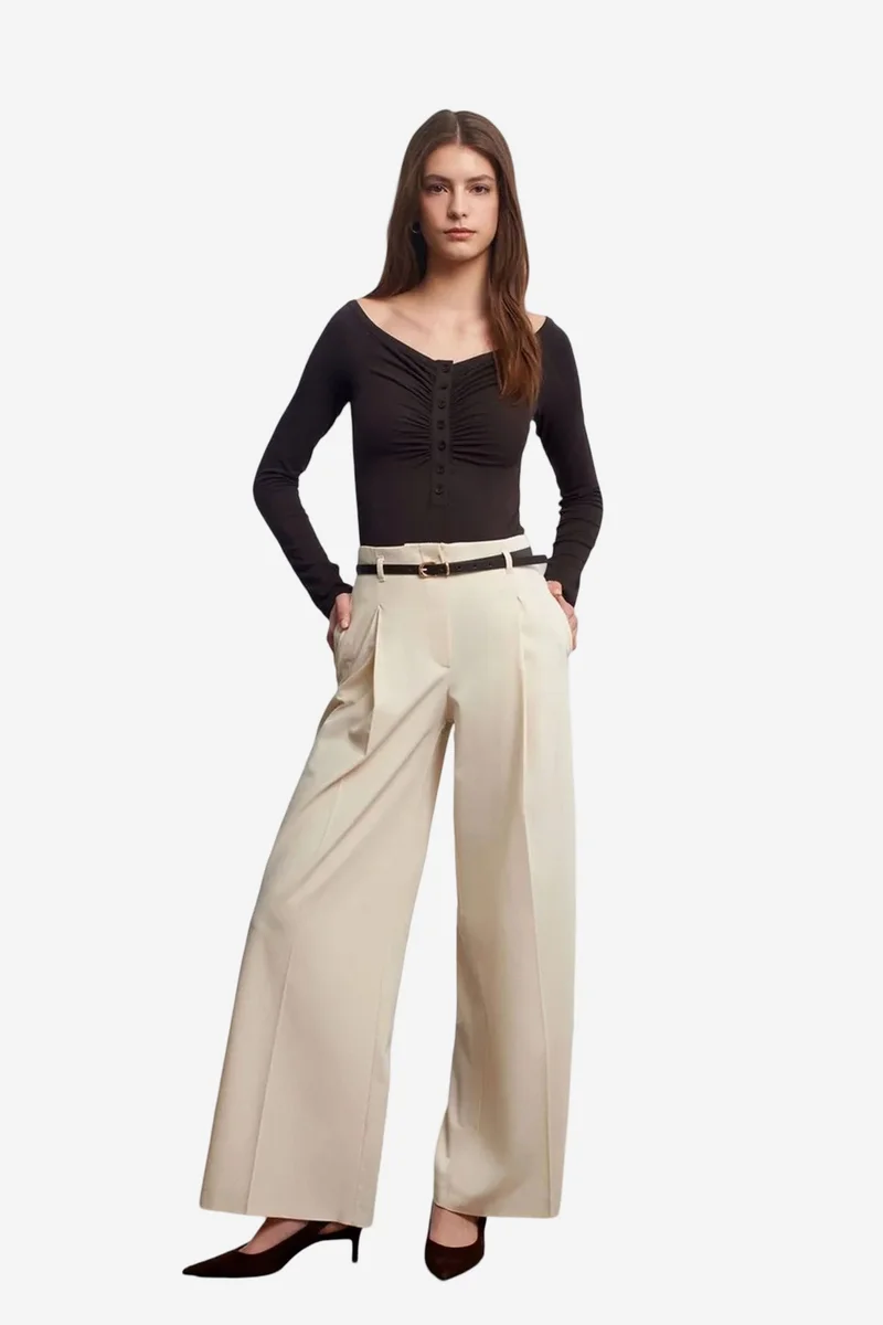 Dilvin Cream Natural DILVIN Women's Belted Wide-leg Crepe Trousers for Women | Best Price UAE