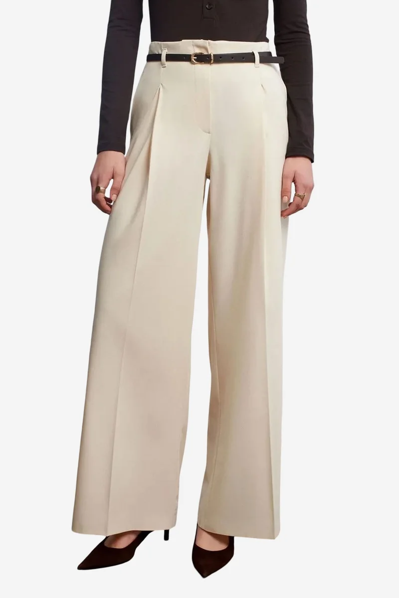 Dilvin Cream Natural DILVIN Women's Belted Wide-leg Crepe Trousers for Women | Best Price UAE