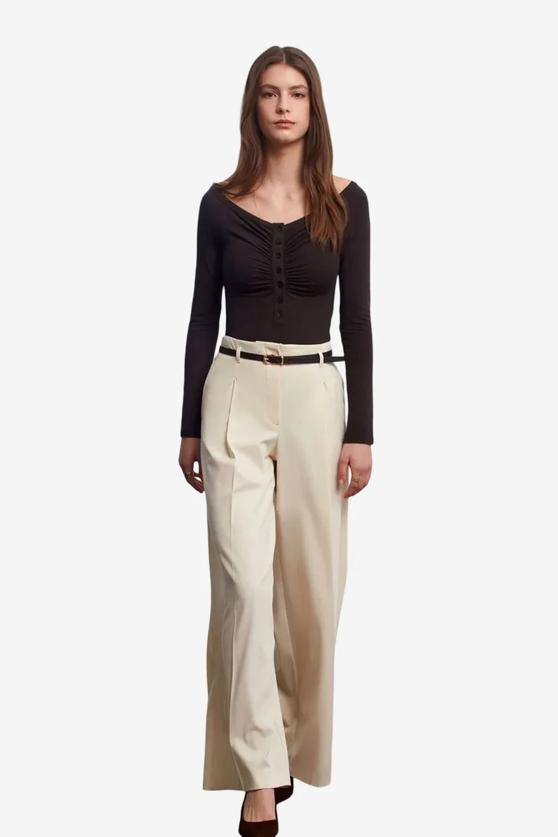 Dilvin Cream Natural DILVIN Women's Belted Wide-leg Crepe Trousers for Women | Best Price UAE