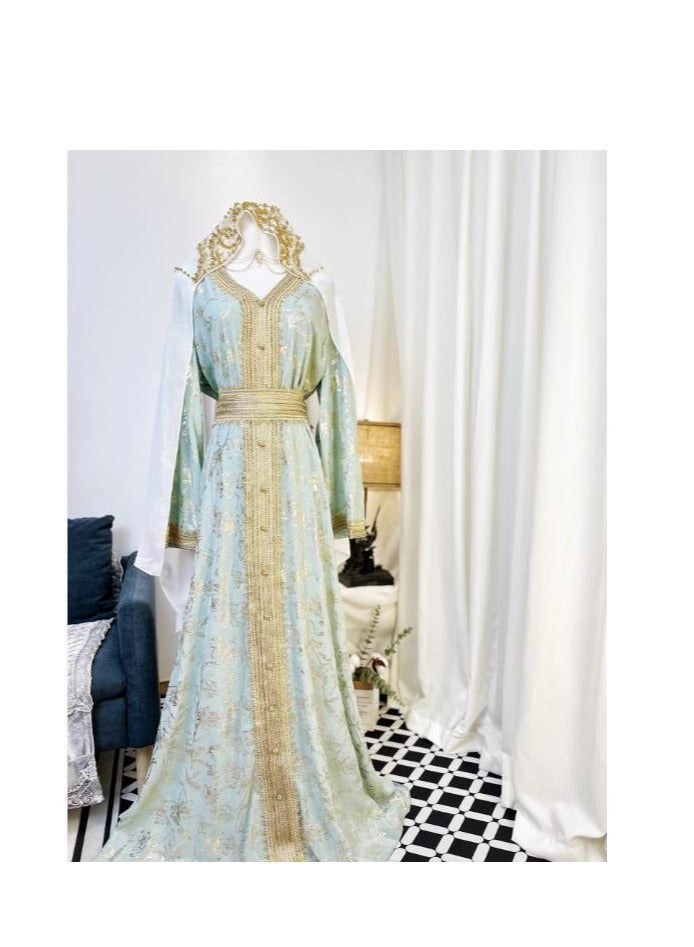 (Comes With A Veil) Long Robe With A Light And Luxurious Temperament, Hot Pressed Diamond Long Sleeved V-Neck Big Sirt Dress - Image 1
