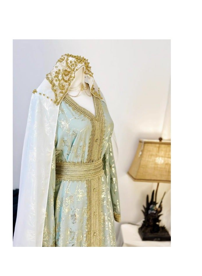 (Comes With A Veil) Long Robe With A Light And Luxurious Temperament, Hot Pressed Diamond Long Sleeved V-Neck Big Sirt Dress - Image 2