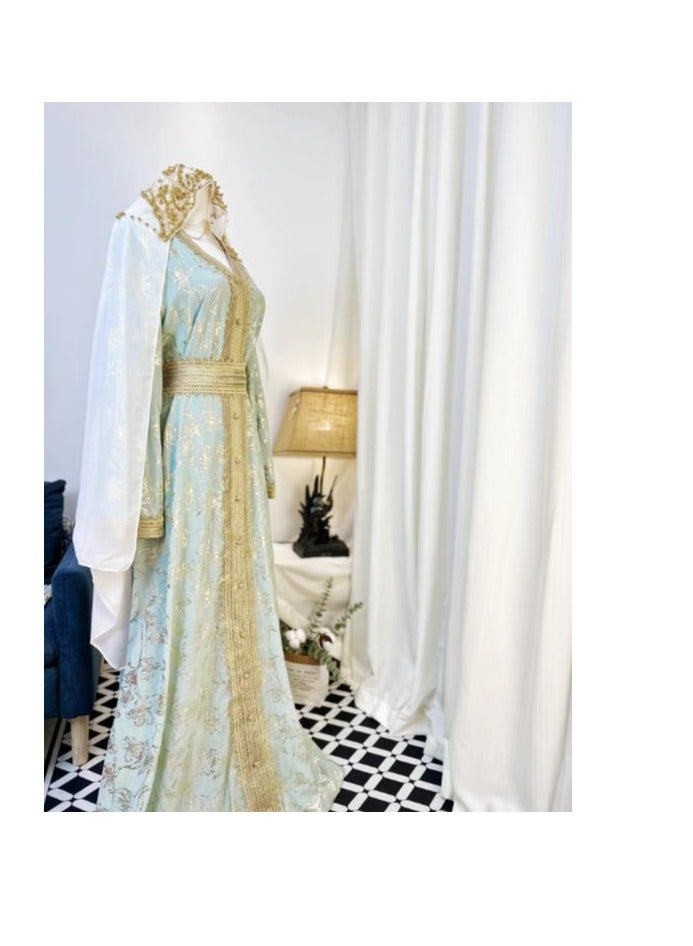 (Comes With A Veil) Long Robe With A Light And Luxurious Temperament, Hot Pressed Diamond Long Sleeved V-Neck Big Sirt Dress - Image 3