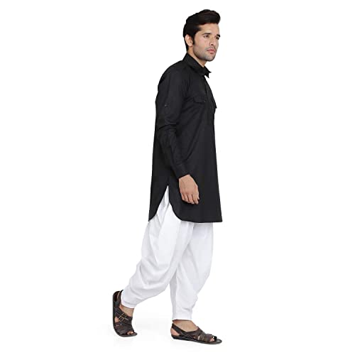 Royal Kurta رويال كورتا من الرجال قطن مع تباين في الأسفل بدلة باثاني خان (42، أسود) - Image 3