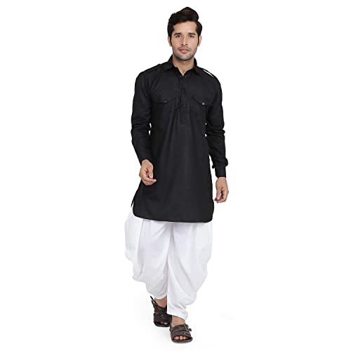 Royal Kurta رويال كورتا من الرجال قطن مع تباين في الأسفل بدلة باثاني خان (42، أسود) - Image 1