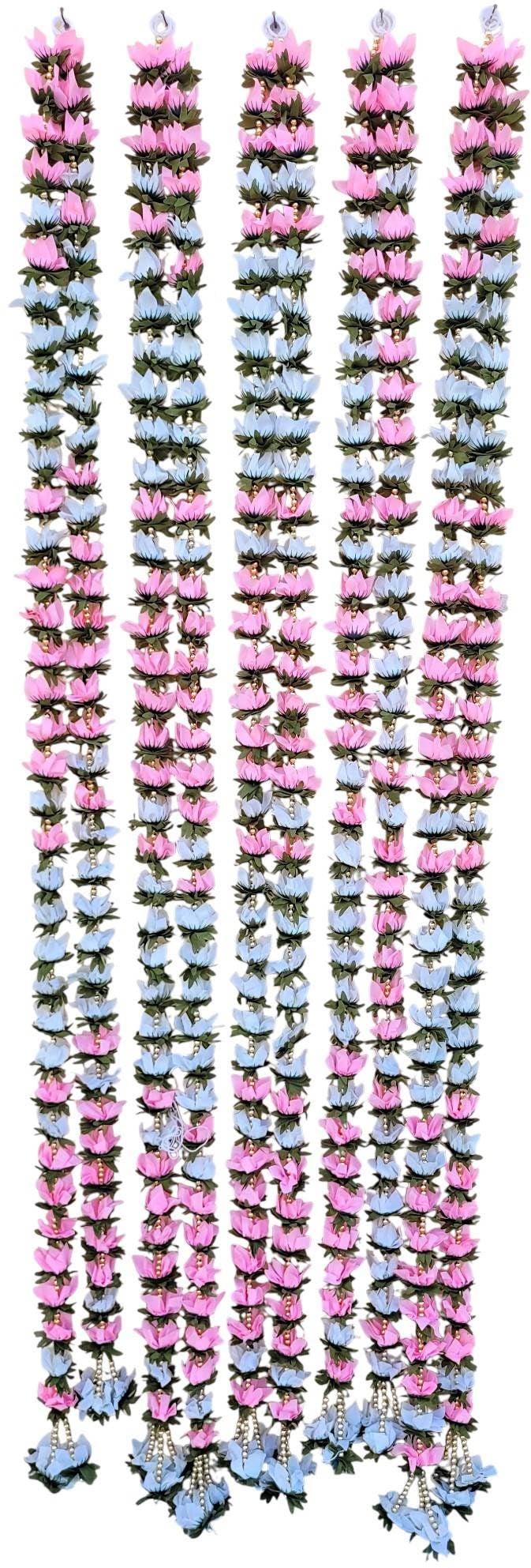 SHAKTISM Decorative Wall Hanging Lotus & Jasmine Flower Latkan Toran for Pooja Room, Main Door Entrance, Diwali Deepavali Decor, Diwali Festival Decorations Set of 2, 5 Feet (Green-Light Pink Jasmine) - Image 3