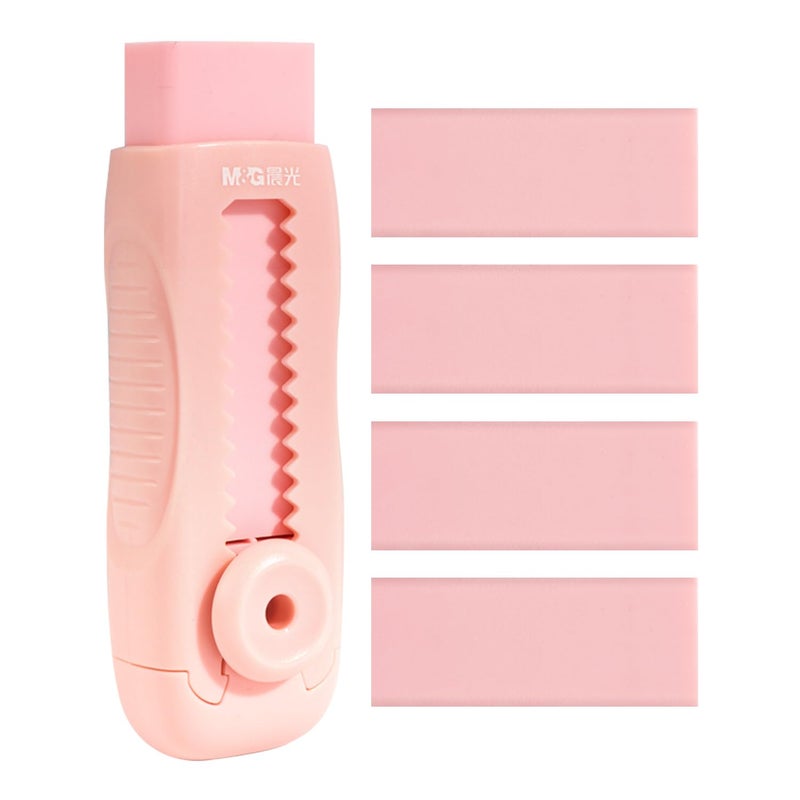 M&G 4+1 Pack Rubber Pink Erasers Sliding Retractable Eraser, Soft Cute Erasers Push Pull Large Pencil Erasers with Plastic Sleeve 4 Refill Eraser for School Students Kids Office Home Supplies - Image 1