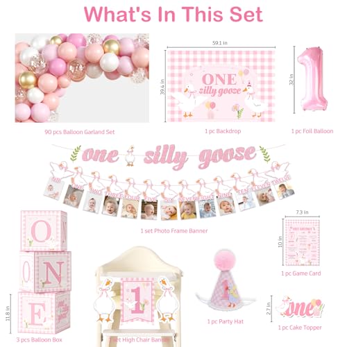 cocomigo One Silly Goose Birthday Decor Girl, Goose Balloon Arch NB to 12 Months Photo High Chair Banner Cake Topper Goose Party Backdrop and Crown Goose 1st Birthday Decorations Girl - Image 2