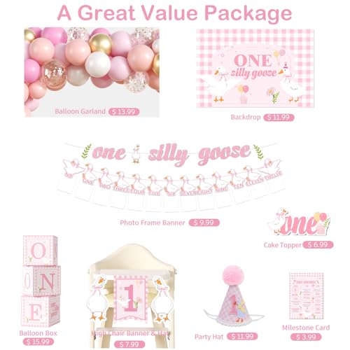 cocomigo One Silly Goose Birthday Decor Girl, Goose Balloon Arch NB to 12 Months Photo High Chair Banner Cake Topper Goose Party Backdrop and Crown Goose 1st Birthday Decorations Girl - Image 3