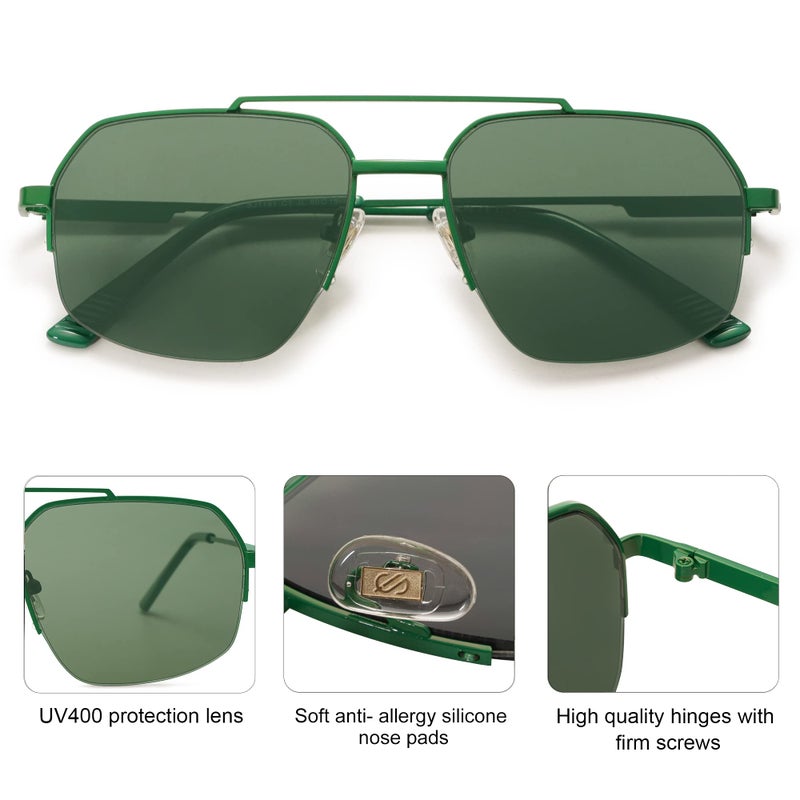 SOJOS Trendy Aviator Sunglasses Mens Womens Retro Double Bridge Metal Frame Semi-Rimless Shades Lentes De Sol Para Mujer SJ1191 Green - Image 4