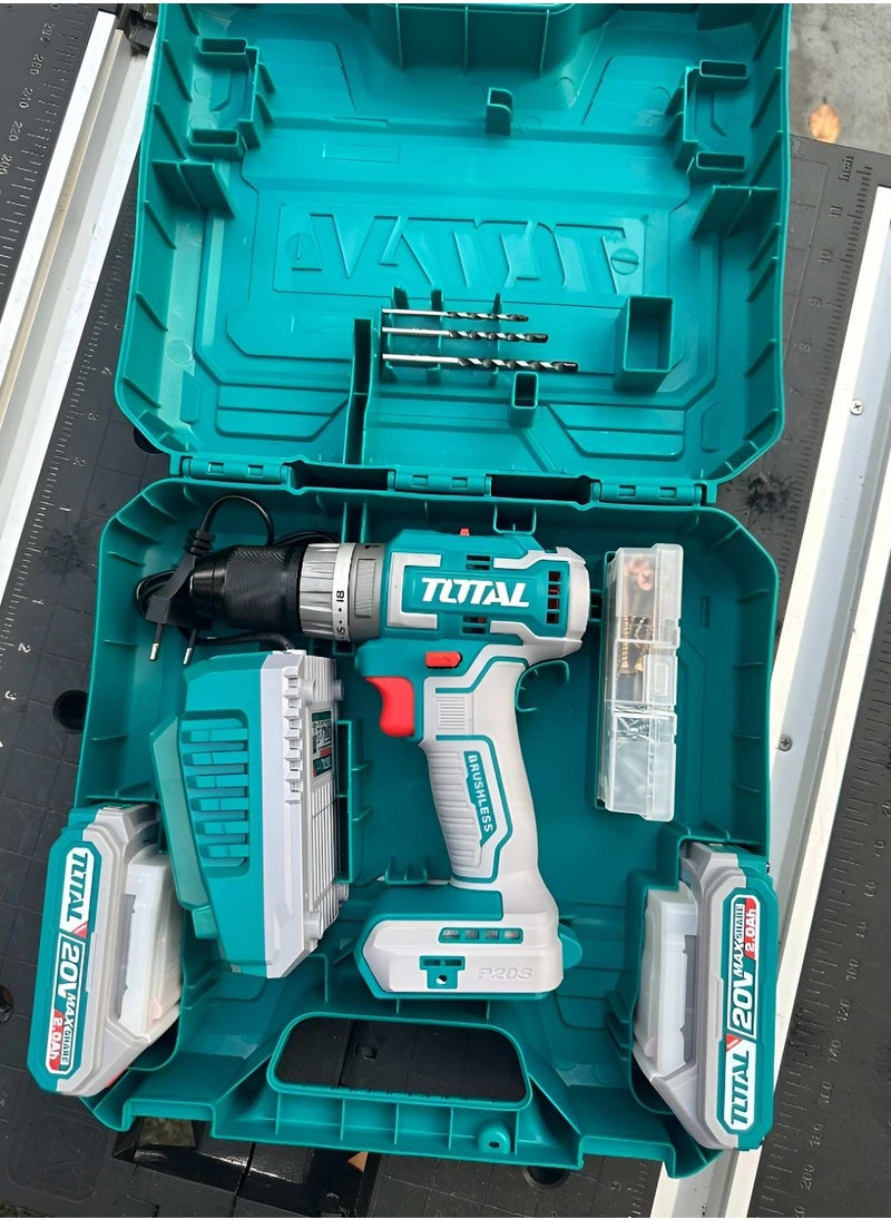 TOTAL - Super Total 20V Lithium-Ion Brushless Cordless Impact Drill - 47-Piece Set with 2 Batteries, LED Light, and Carrying Case - 50Nm Torque, 2-Speed Gear, Auto-Lock Chuck TIDLI20508 - Image 1