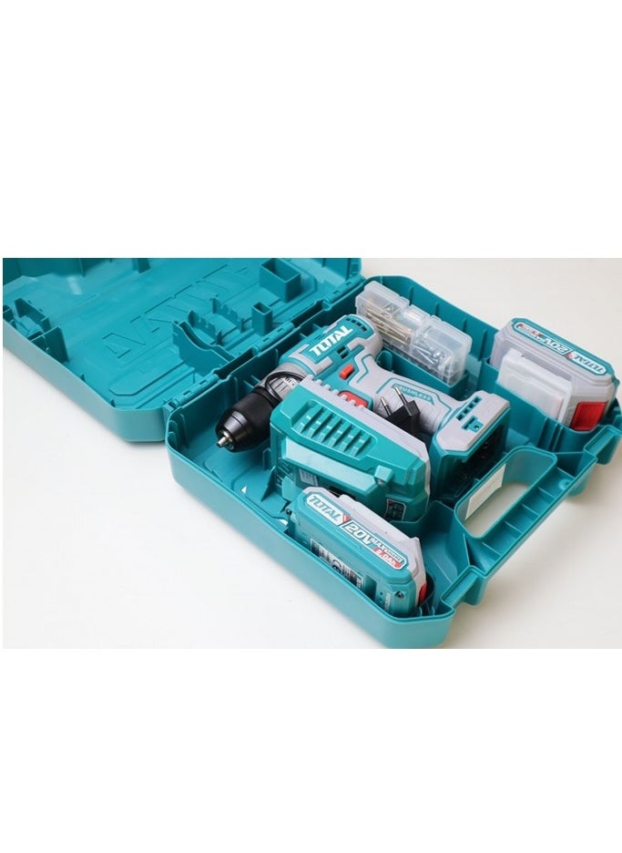 TOTAL - Super Total 20V Lithium-Ion Brushless Cordless Impact Drill - 47-Piece Set with 2 Batteries, LED Light, and Carrying Case - 50Nm Torque, 2-Speed Gear, Auto-Lock Chuck TIDLI20508 - Image 1