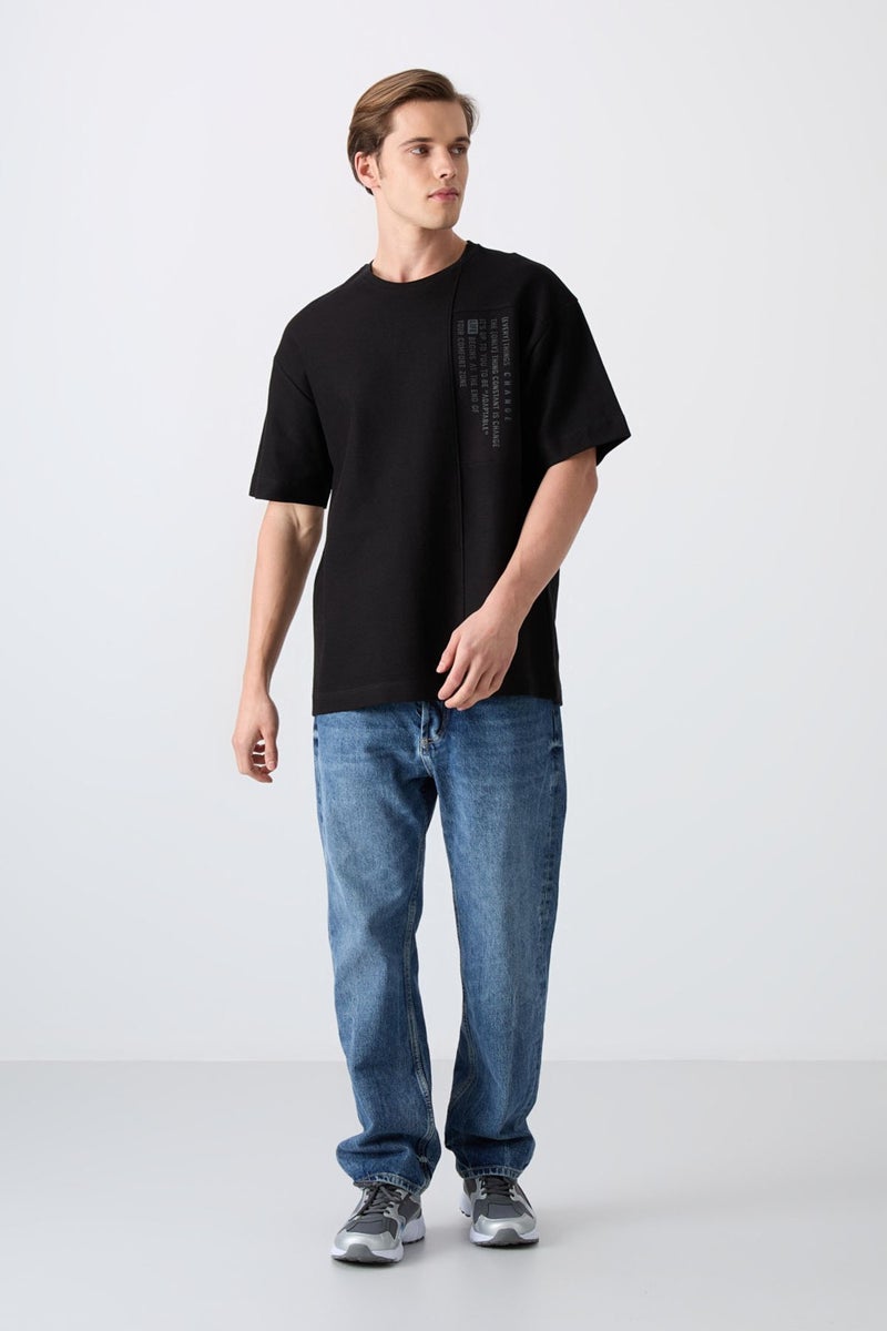 Tommy Life Black Cotton Thick Surface Textured Oversize Fit Printed Men's T-Shirt - 88338  - Image 3