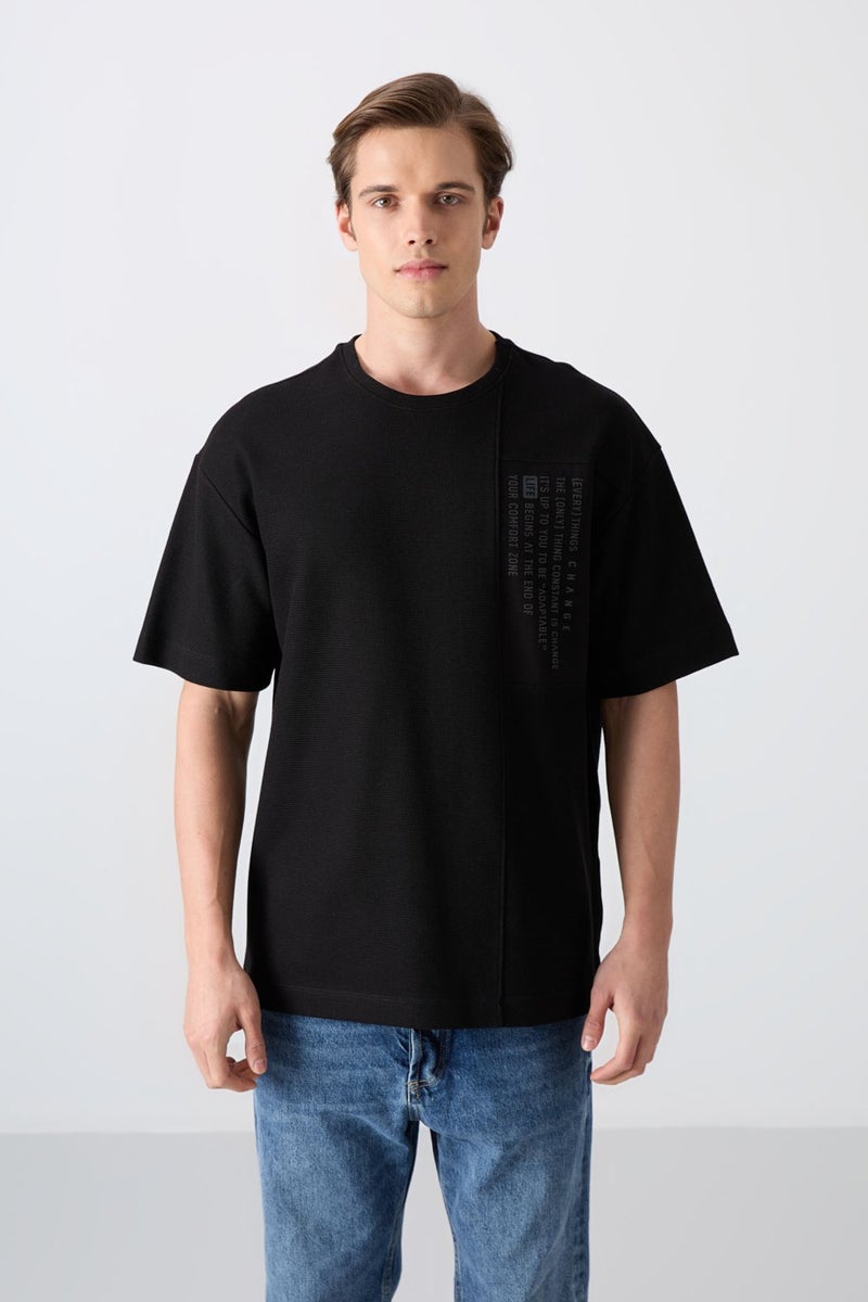 Tommy Life Black Cotton Thick Surface Textured Oversize Fit Printed Men's T-Shirt - 88338  - Image 1