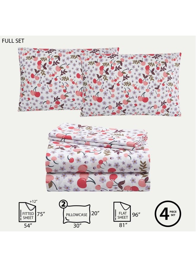 Urban Lifestyle 4 Piece Sheet Set, Including Top Sheet, Fitted Sheet and 2 Pillow Cases, Cherry Print, Full - Image 2