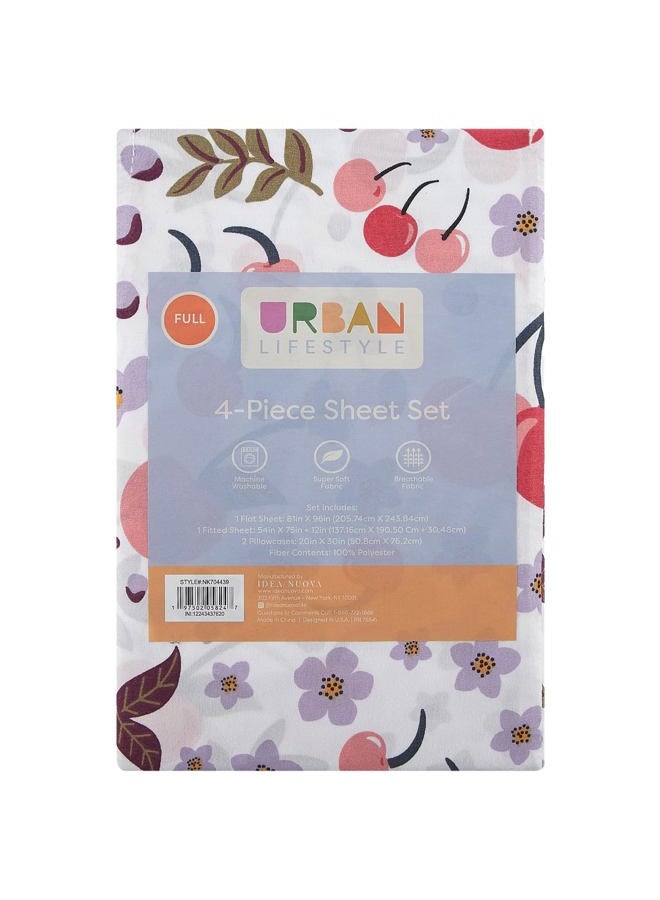 Urban Lifestyle 4 Piece Sheet Set, Including Top Sheet, Fitted Sheet and 2 Pillow Cases, Cherry Print, Full - Image 4